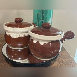 Nantucket House brown pottery French onion soup crocks, vintage, set of two!